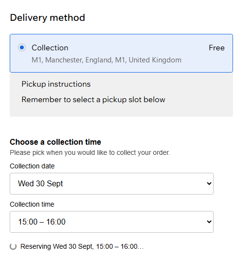 A Wix checkout with Collection chosen and a collection time of
                    Wed 30 Sept, 15:00 to 16:00, being reserved.