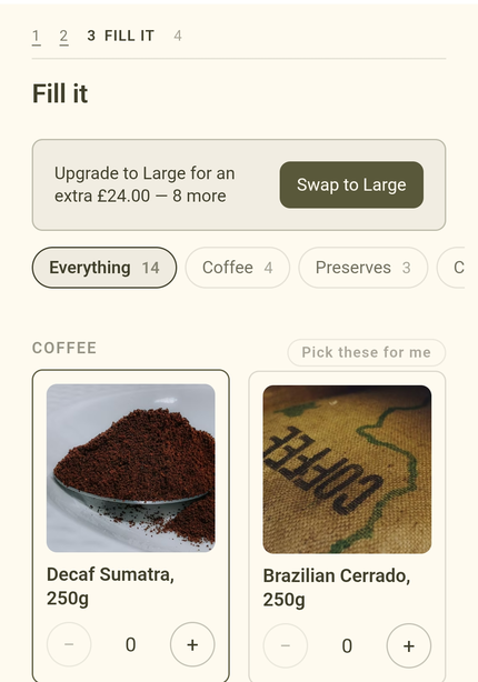 The builder on a phone part way through: an offer to swap to a
                    larger box, filters by category, and coffees with photographs
                    and a stepper on each.